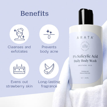Arata 1% Salicylic Acid Body Wash For Bacne, Bumpy & Strawberry Skin | Exfoliates, Cleanses & Smoothens Un-even, Rough Skin | Paraben & SLS Free |Body Shower Gel For All Skin types | 300ML